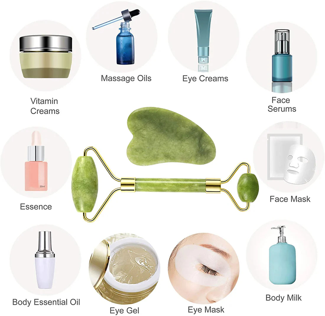 Jade Roller & Gua Sha Set – Natural Stone Face Massager Kit