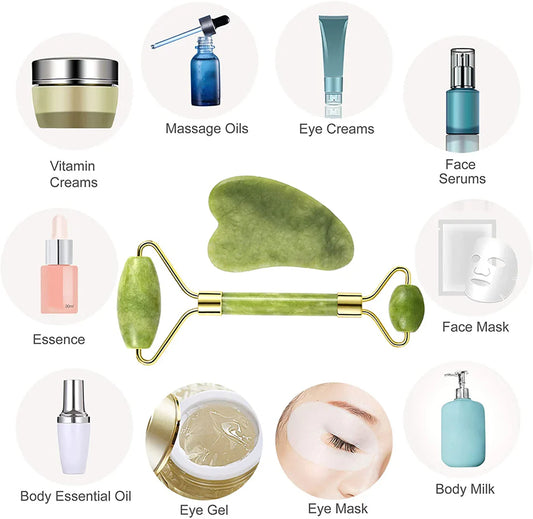 Jade Roller & Gua Sha Set – Natural Stone Face Massager Kit